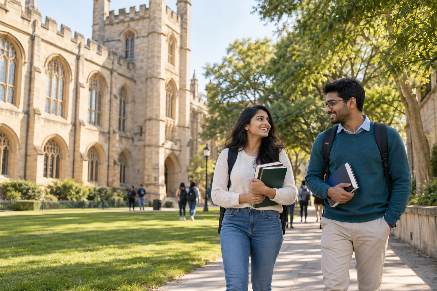 Illustrative scene of postgraduate students on an overseas university campus